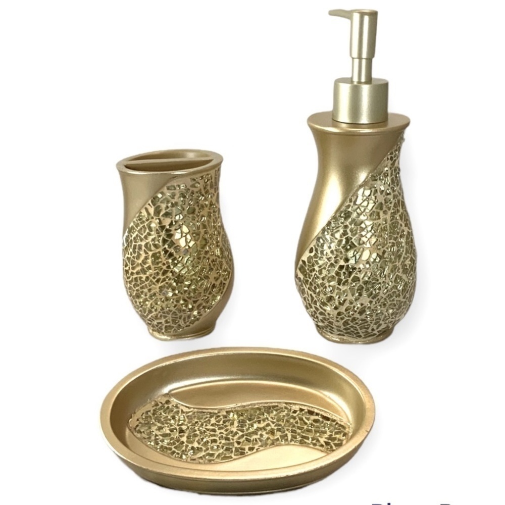 Champagne Gold Mosaic Glass Sparkle Sinatra Bath Accessory Matching 3 Pieces